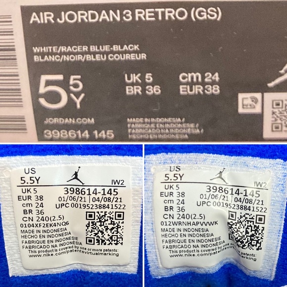 Air Jordan 3 Retro GS “RACER BLUE” | 5.5Y/W7 398614-145 CT8532-145 | NWT No Lid - Picture 5 of 8